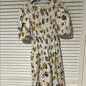 White abstract floral blue/yellow iris Smocked Sundress with 3/4 Puff Sleeves